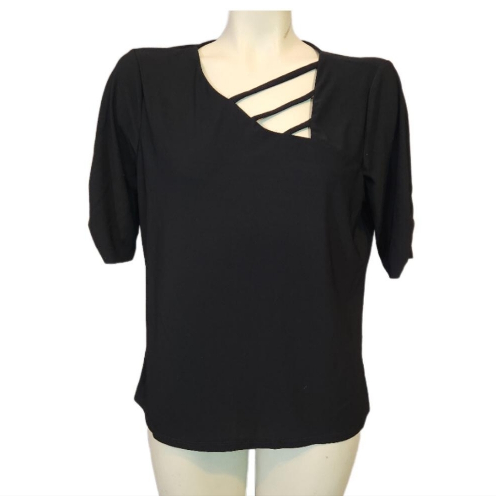 Luxology Black Strappy Neckline‎ Blouse Size Large